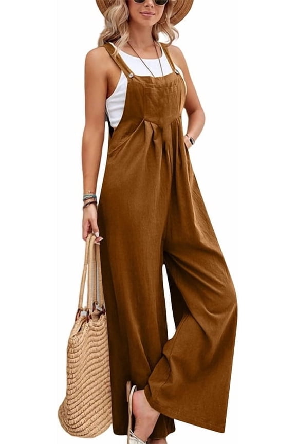 Linen Overalls for Women Loose Fit Adjustable Straps Wide Leg Jumpsuits Casual Summer Flowy Boho Rompers with Pockets