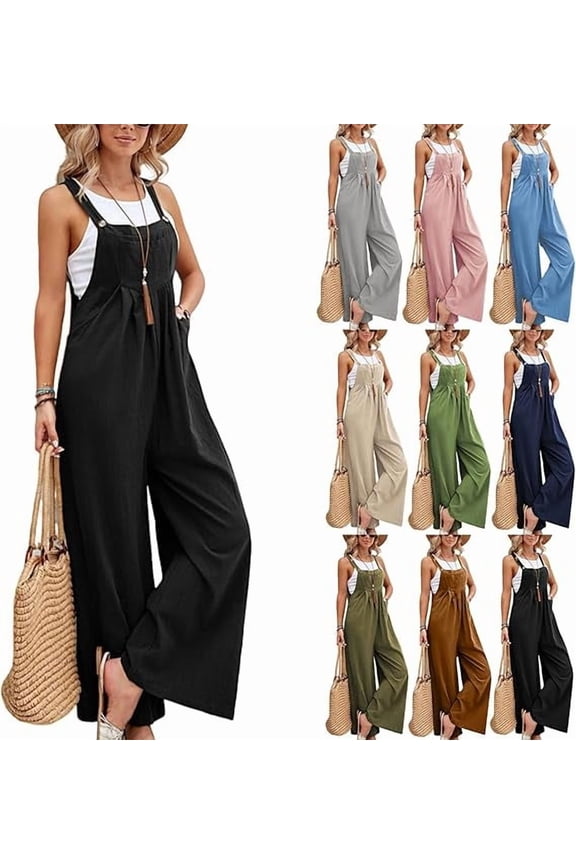Linen Overalls for Women Loose Fit Adjustable Straps Wide Leg Jumpsuits Casual Summer Flowy Boho Rompers with Pockets