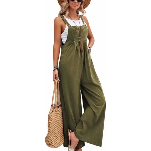 Aricy Linen Overalls for Women Loose Fit Adjustable Straps Wide Leg Jumpsuits Casual Summer Flowy Boho Rompers with Pockets