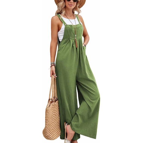 Aricy Linen Overalls for Women Loose Fit Adjustable Straps Wide Leg Jumpsuits Casual Summer Flowy Boho Rompers with Pockets