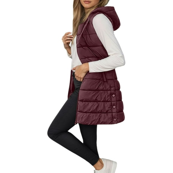 Aricy Long Puffer Vest Women Winter Hooded Sleeveless Lightweight Coat Warm Quilted Vest Jacket Zip Up Puffy Coat Fall Warm Outerwear