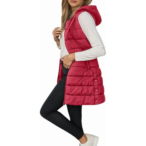 Aricy Long Puffer Vest Women Winter Hooded Sleeveless Lightweight Coat Warm Quilted Vest Jacket Zip Up Puffy Coat Fall Warm Outerwear