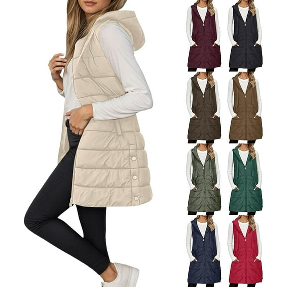 Aricy Long Puffer Vest Women Winter Hooded Sleeveless Lightweight Coat Warm Quilted Vest Jacket Zip Up Puffy Coat Fall Warm Outerwear