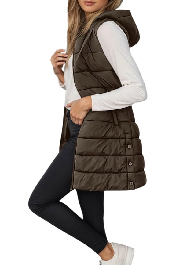 Long Puffer Vest Women Winter Hooded Sleeveless Lightweight Coat Warm Quilted Vest Jacket Zip Up Puffy Coat Fall Warm Outerwear