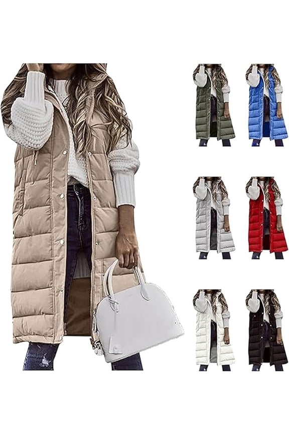 Long Puffer Vest for Women Long Down Hooded Vest Womens Sleeveless Zip Up Jacket Winter Thick Coats Outerwear Fall Winter Coat with Pockets