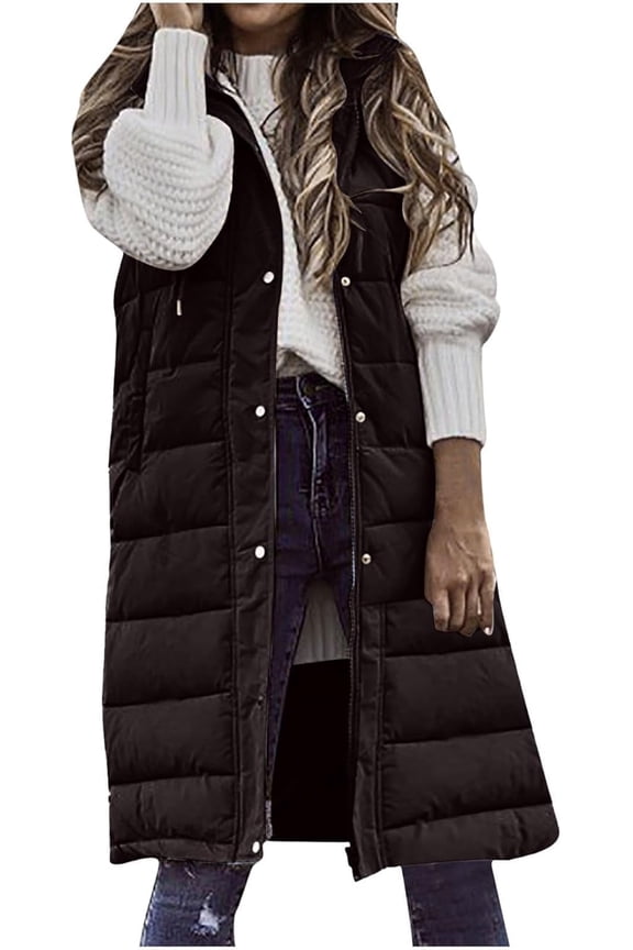 Long Puffer Vest for Women Long Down Hooded Vest Womens Sleeveless Zip Up Jacket Winter Thick Coats Outerwear Fall Winter Coat with Pockets
