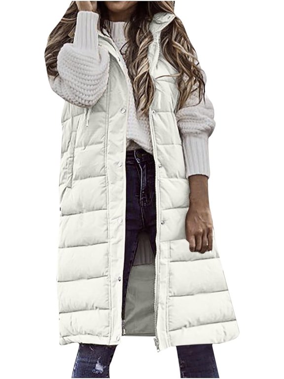 Long Puffer Vest for Women Long Down Hooded Vest Womens Sleeveless Zip Up Jacket Winter Thick Coats Outerwear Fall Winter Coat with Pockets