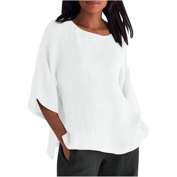 Aricy Plus Size Linen Shirts for Women,Casual Cotton and Linen 3/4 Sleeve Summer Tops for Women Solid Loose Three Quarter Sleeve Tunic Lightweight Basic Tunic Tees Blouses