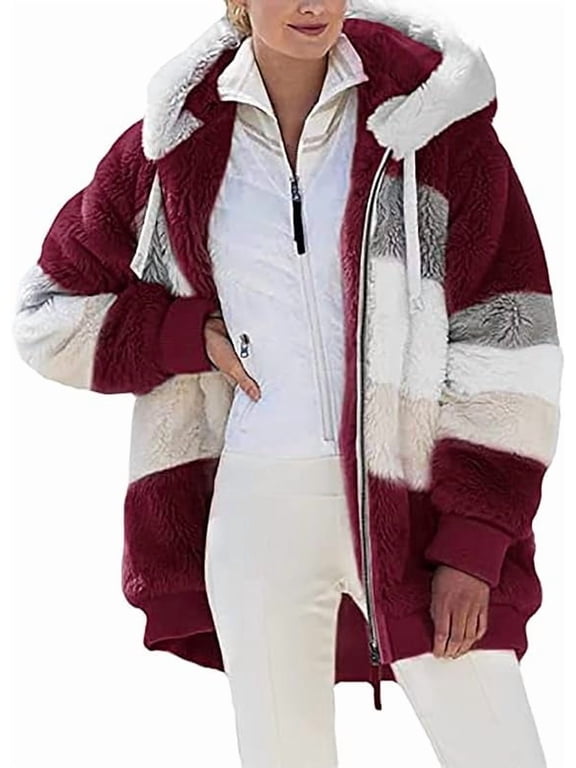 Plus Size Winter Warm Coats for Women Fuzzy Fleece Jackets Full Zip Oversized Winter Warm Coats Puffy Sherpa Color Block Patchwork Cardigan Sweatshirt Outerwear with Pockets