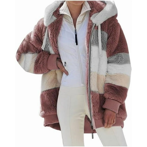 Aricy Plus Size Winter Warm Coats for Women Fuzzy Fleece Jackets Full Zip Oversized Winter Warm Coats Puffy Sherpa Color Block Patchwork Cardigan Sweatshirt Outerwear with Pockets