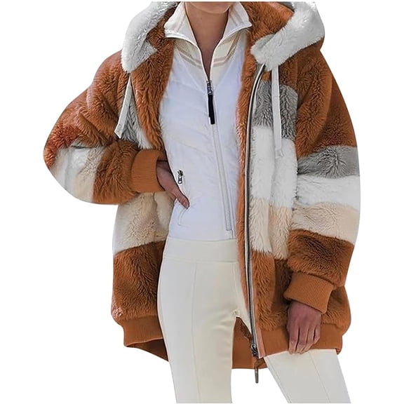 Aricy Plus Size Winter Warm Coats for Women Fuzzy Fleece Jackets Full Zip Oversized Winter Warm Coats Puffy Sherpa Color Block Patchwork Cardigan Sweatshirt Outerwear with Pockets