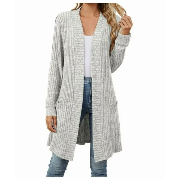 Aricy Ribbed Knit Cardigan Sweaters for Women Long Dusters Cozy Soft Knitwear Lightweight Open Front Sweater Solid Color Coat Warm Long Sleeve Shrug Cardigans with Pockets