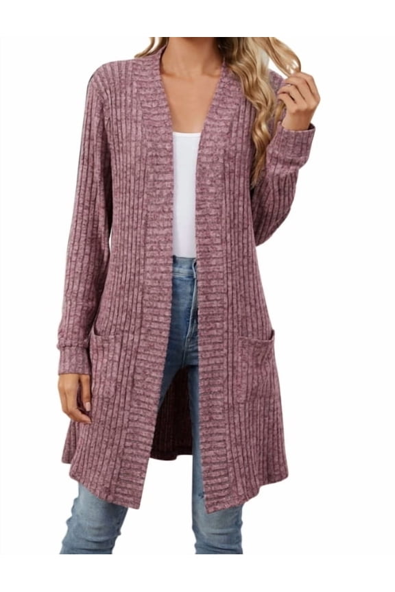 Ribbed Knit Cardigan Sweaters for Women Long Dusters Cozy Soft Knitwear Lightweight Open Front Sweater Solid Color Coat Warm Long Sleeve Shrug Cardigans with Pockets