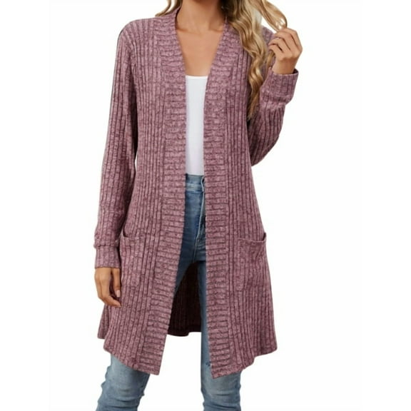 Aricy Ribbed Knit Cardigan Sweaters for Women Long Dusters Cozy Soft Knitwear Lightweight Open Front Sweater Solid Color Coat Warm Long Sleeve Shrug Cardigans with Pockets