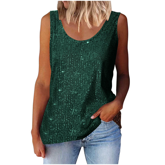 Aricy Sequin Tank Tops for Women Summer Glitter Party Tops Casual Sleeveless Round Neck Sparkly Clubwear Loose Camisole Shirt Sparkly Glitter Blouses Party Club Cocktail Vest Shirt