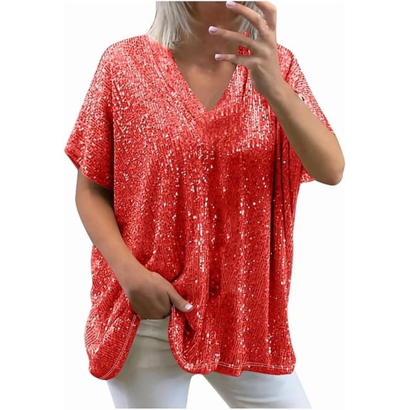 Aricy Sparkly Sequin Tops for Women Loose Sexy Deep V Neck Short Sleeve Glitter Sequin T Shirts Plus Size Fashion Blouses Evening Party Club Tee Shirts Summer Tops
