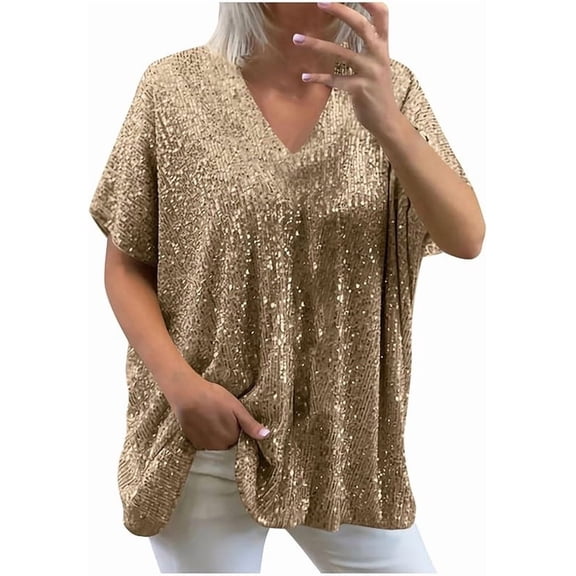 Aricy Sparkly Sequin Tops for Women Loose Sexy Deep V Neck Short Sleeve Glitter Sequin T Shirts Plus Size Fashion Blouses Evening Party Club Tee Shirts Summer Tops