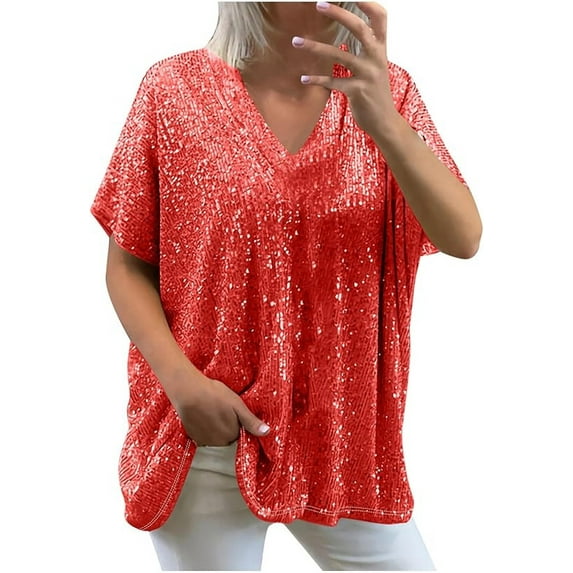 Aricy Sparkly Sequin Tops for Women Loose Sexy Deep V Neck Short Sleeve Glitter Sequin T Shirts Plus Size Fashion Blouses Evening Party Club Tee Shirts Summer Tops