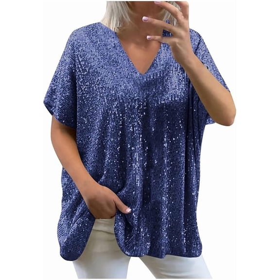Aricy Sparkly Sequin Tops for Women Loose Sexy Deep V Neck Short Sleeve Glitter Sequin T Shirts Plus Size Fashion Blouses Evening Party Club Tee Shirts Summer Tops