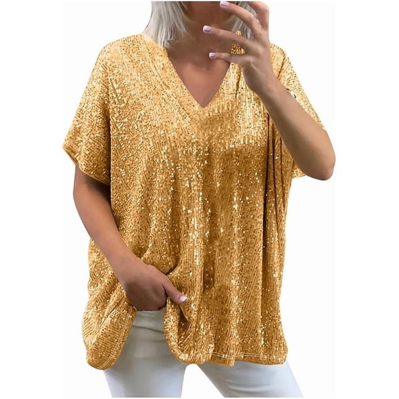 Aricy Sparkly Sequin Tops for Women Loose Sexy Deep V Neck Short Sleeve Glitter Sequin T Shirts Plus Size Fashion Blouses Evening Party Club Tee Shirts Summer Tops