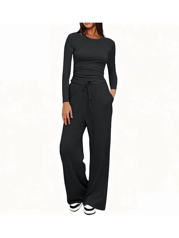 Two Piece Sets for Women Tracksuit Full Set Long Sleeve Tops Drawstring Elasticized Waist Wide Leg Trousers Casual Lounge Wear Co Ord Sets Matching Activewear Gym Sets