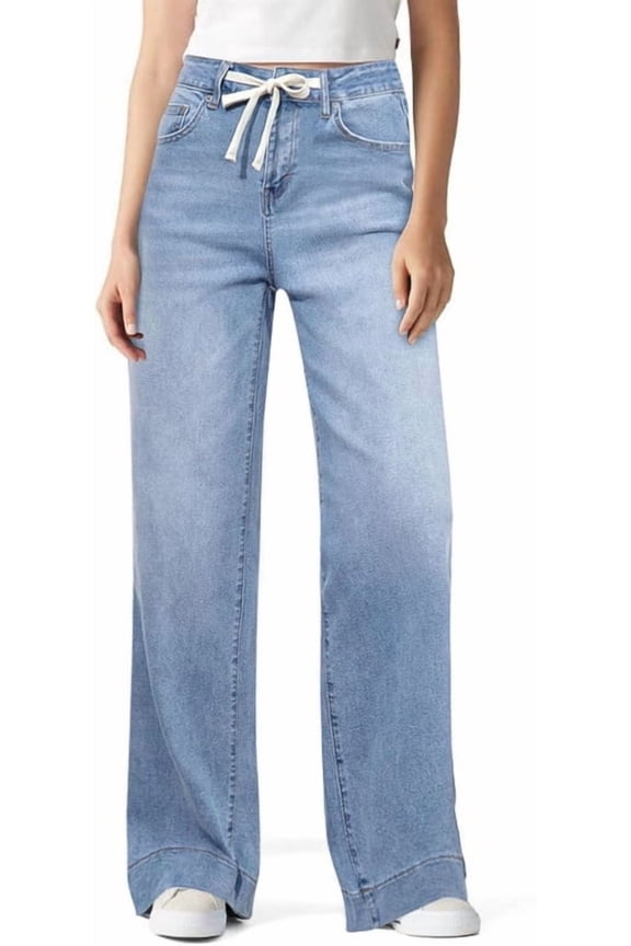 Wide Leg Jeans Woman Drawstring High Waisted Stretchy Y2k Baggy Jeans Casual Loose Denim Trousers Pants with Pockets