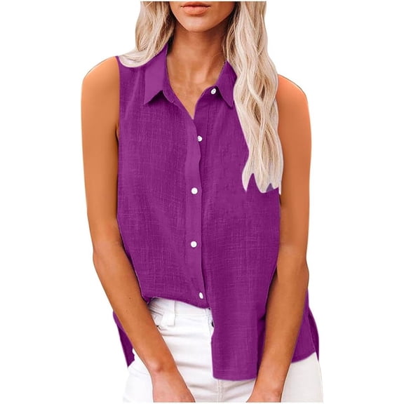 Aricy Women Button Down Linen Tank Tops Sleeveless Shirts Dressy Roll Up Summer Lapel Neck Elegant Vests Casual Work Loose Vests Casual Tunic T Shirts Tees