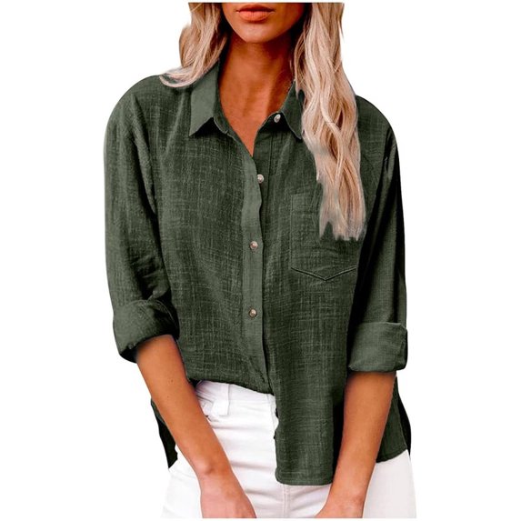 Aricy Women Button Down Shirts Dressy Casual Tops Business Work Blouses Gauze Cotton Linen Long Sleeve Shirts V Neck Loose Blouse Plus Size Elegant Tunic Top