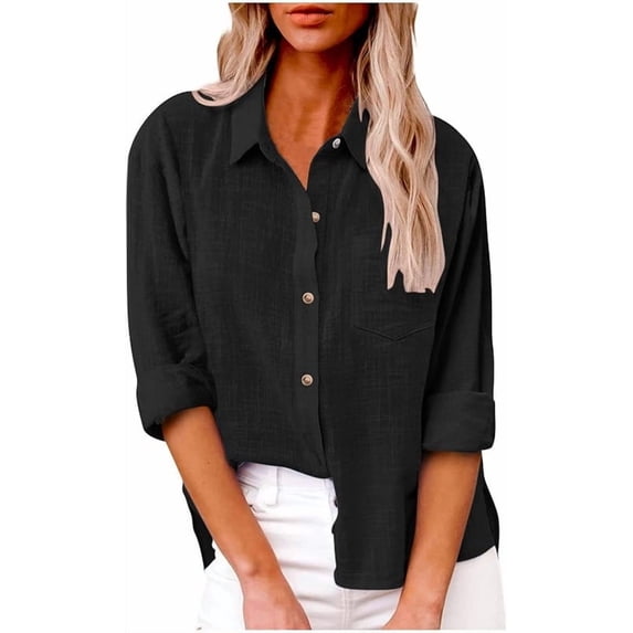 Aricy Women Button Down Shirts Dressy Casual Tops Business Work Blouses Gauze Cotton Linen Long Sleeve Shirts V Neck Loose Blouse Plus Size Elegant Tunic Top