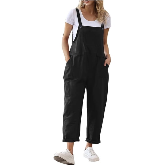 Aricy Women Cotton Linen Jumpsuit Loose Fit Summer Sleeveless Adjustable Strap Dungarees Solid Color Playsuits with Pockets Casual Workwear Romper