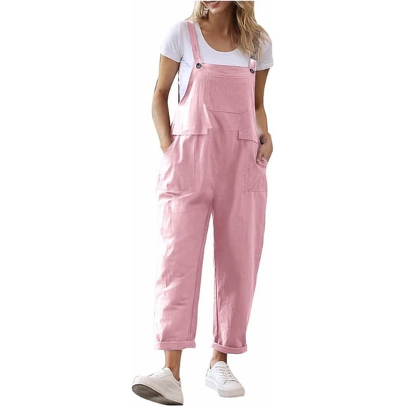 Aricy Women Cotton Linen Jumpsuit Loose Fit Summer Sleeveless Adjustable Strap Dungarees Solid Color Playsuits with Pockets Casual Workwear Romper