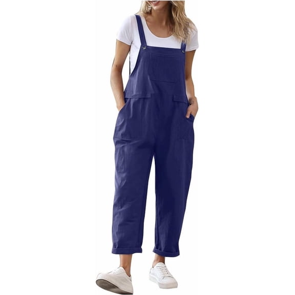 Aricy Women Cotton Linen Jumpsuit Loose Fit Summer Sleeveless Adjustable Strap Dungarees Solid Color Playsuits with Pockets Casual Workwear Romper