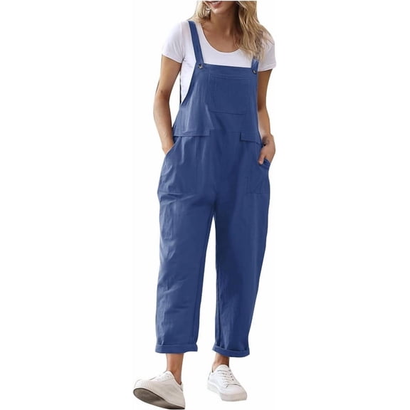 Aricy Women Cotton Linen Jumpsuit Loose Fit Summer Sleeveless Adjustable Strap Dungarees Solid Color Playsuits with Pockets Casual Workwear Romper
