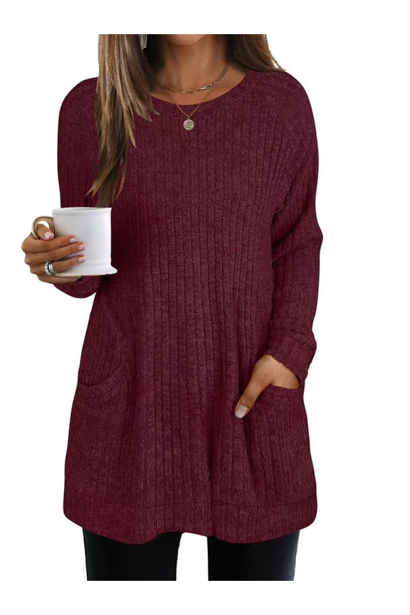 Women Fall Long Sleeve Shirt Tunic Tops Knit Dressy Sweatshirt Crew Neck Pullover with Pockets for Women Dressy Casual Tunic Tops Ladies Work Blouse Clothes