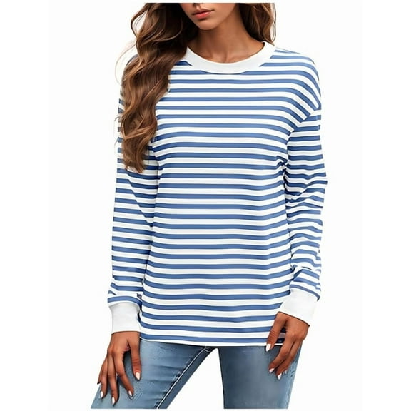 Aricy Women Long Sleeve Shirts Crew Neck Plus Size Blouse Loose Fit Stripe Printed Pullover Sweatshirts Fashion Color Block Loose Fall Tops Winter Tunic Tops