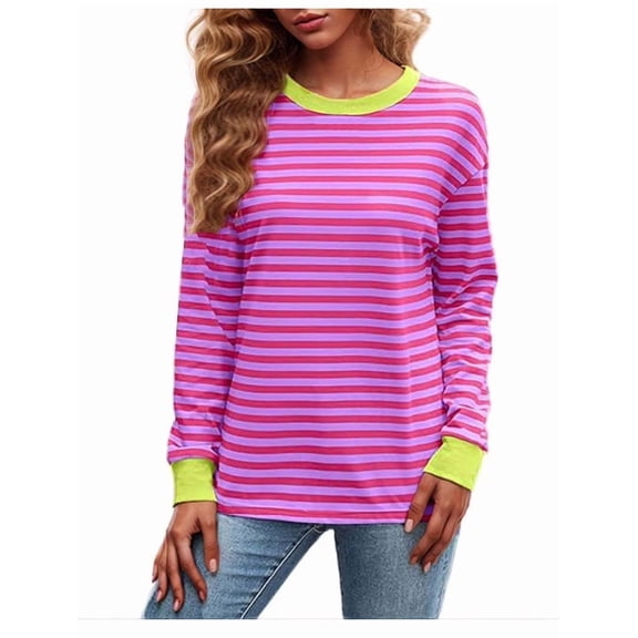 Aricy Women Long Sleeve Shirts Crew Neck Plus Size Blouse Loose Fit Stripe Printed Pullover Sweatshirts Fashion Color Block Loose Fall Tops Winter Tunic Tops