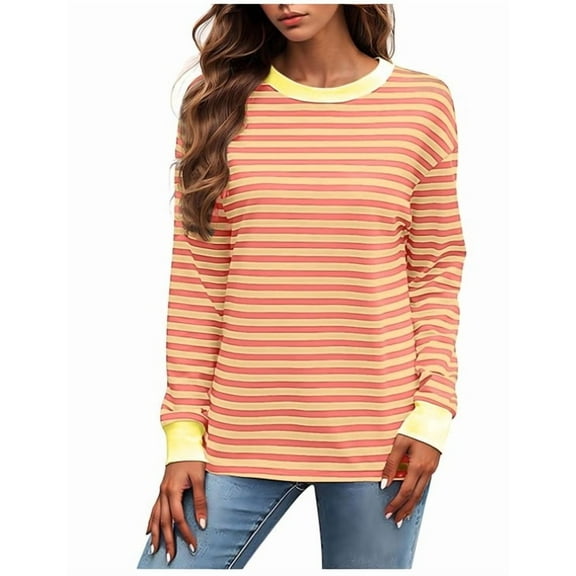 Aricy Women Long Sleeve Shirts Crew Neck Plus Size Blouse Loose Fit Stripe Printed Pullover Sweatshirts Fashion Color Block Loose Fall Tops Winter Tunic Tops