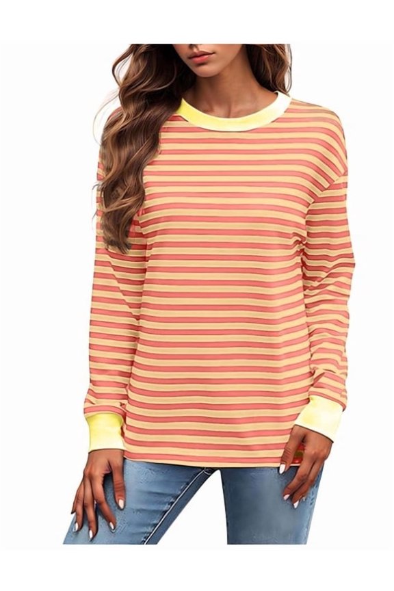 Women Long Sleeve Shirts Crew Neck Plus Size Blouse Loose Fit Stripe Printed Pullover Sweatshirts Fashion Color Block Loose Fall Tops Winter Tunic Tops