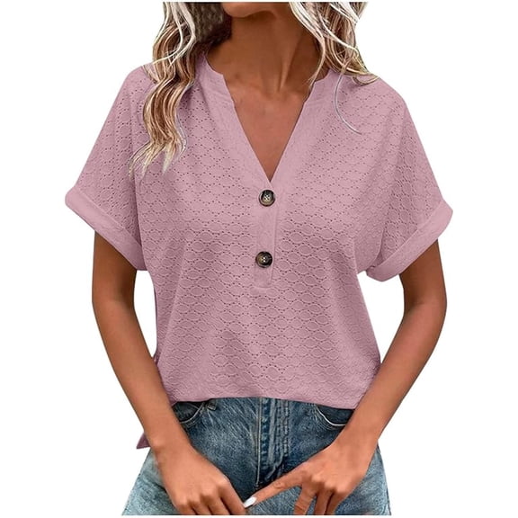 Aricy Women Plus Size Tops ,summer tops for women, Dressy Casual Solid Color Button V-neck T-shirt Fashion Short Sleeved Tunic Top/shirt