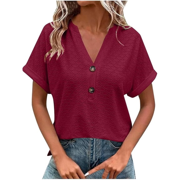Aricy Women Plus Size Tops ,summer tops for women, Dressy Casual Solid Color Button V-neck T-shirt Fashion Short Sleeved Tunic Top/shirt