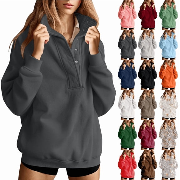 Aricy Women Quarter-Zip Sweatshirt Fall Fashion Solid Active Pullover Top Lapel Long Sleeve Athletic Blouse with Front Pocket Trendy Basic Outfits