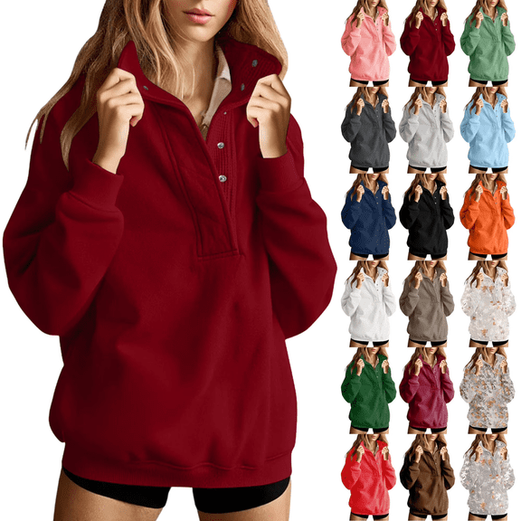 Aricy Women Quarter-Zip Sweatshirt Fall Fashion Solid Active Pullover Top Lapel Long Sleeve Athletic Blouse with Front Pocket Trendy Basic Outfits