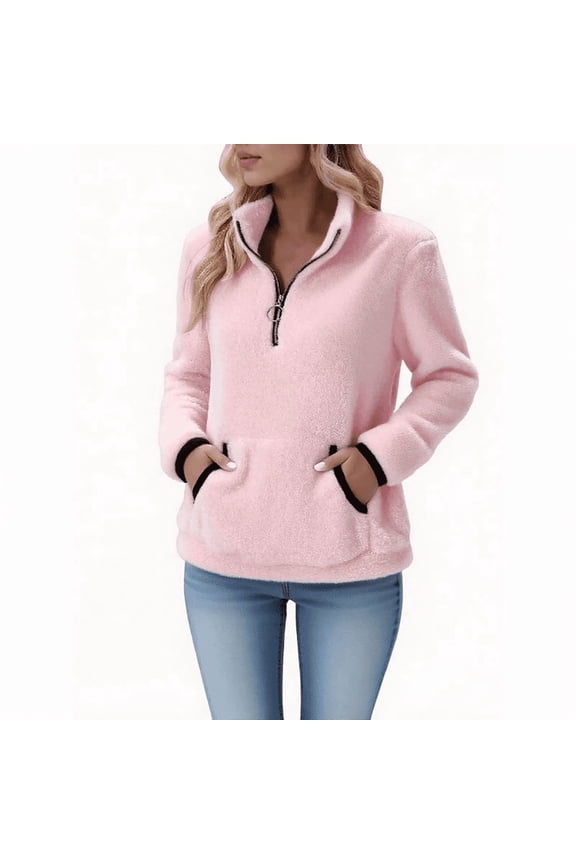 Women Sherpa Pullover Fuzzy Fleece Half Zip Sweatshirt Stand-Up Collar Jackets Long Sleeve Fluffy Soft Sweaters Plus Size Winter Coats with Pockets