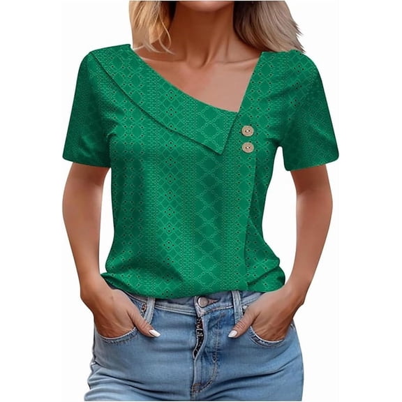 Aricy Women Summer Casual Tops Short Sleeve Asymmetrical V Neck Eyelet Shirts Slim Fit Work Dressy Lapel Blouses Loose Tunic Tops