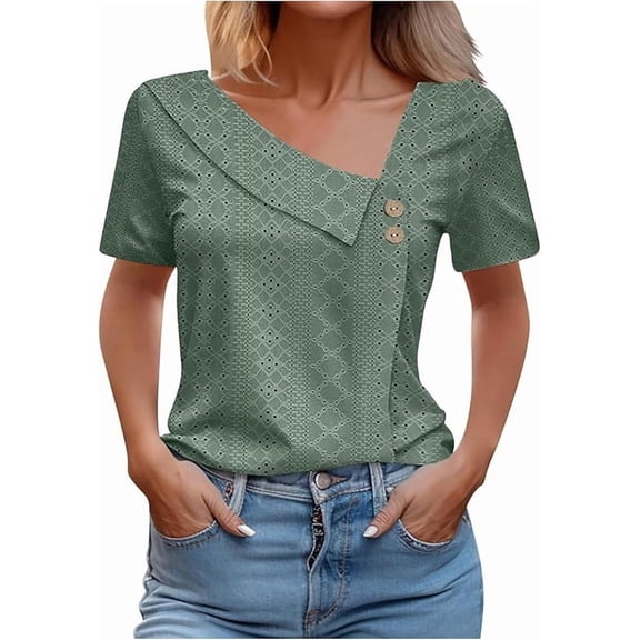 Aricy Women Summer Casual Tops Short Sleeve Asymmetrical V Neck Eyelet Shirts Slim Fit Work Dressy Lapel Blouses Loose Tunic Tops