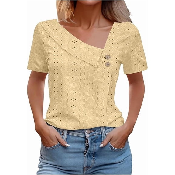 Aricy Women Summer Casual Tops Short Sleeve Asymmetrical V Neck Eyelet Shirts Slim Fit Work Dressy Lapel Blouses Loose Tunic Tops