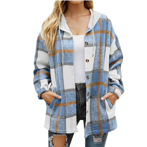 Aricy Women's Casual Plaid Hooded Jackets Shacket Flannel Drawstring Long Sleeve Plaid Jacket Button Down Coats Shirt Warm Hoodie Blouse fall Tops with Pocket