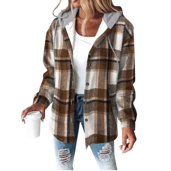 Aricy Women's Casual Plaid Hooded Jackets Shacket Flannel Drawstring Long Sleeve Plaid Jacket Button Down Coats Shirt Warm Hoodie Blouse fall Tops with Pocket