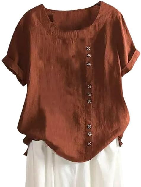 Aricy Women's Cotton Linen Shirts Summer 2025 Short Sleeve Button ...