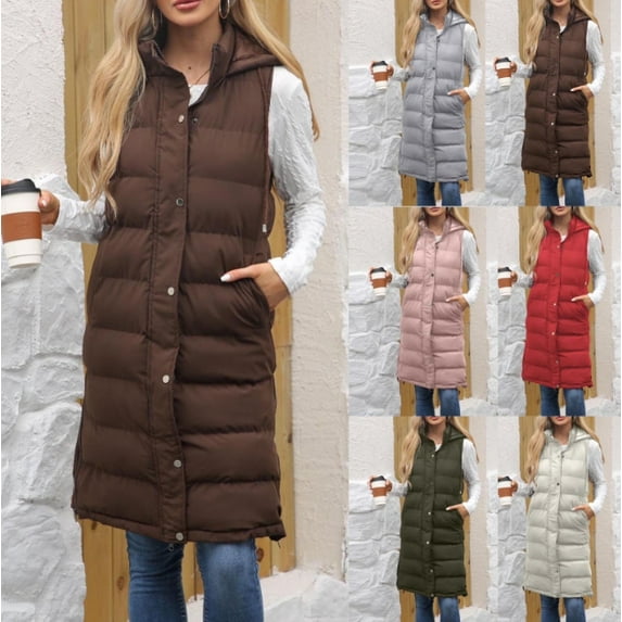 Aricy Women's Long Puffer Vest Sleeveless Jacket With Hood Zip Up Hoodie Pockets Long Winter Warm Coat Quilted Vest Down Quilted Outdoor Fall Jackets Outerwear